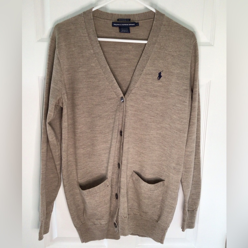 Women’s Ralph Lauren Sport Tan Boyfriend Fit Merino Wool Cardigan Sweater Large